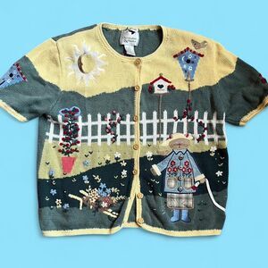 Vintage Hand Embroidered Knit Cardigan W/ Garden Cat & Floral Design. Small.